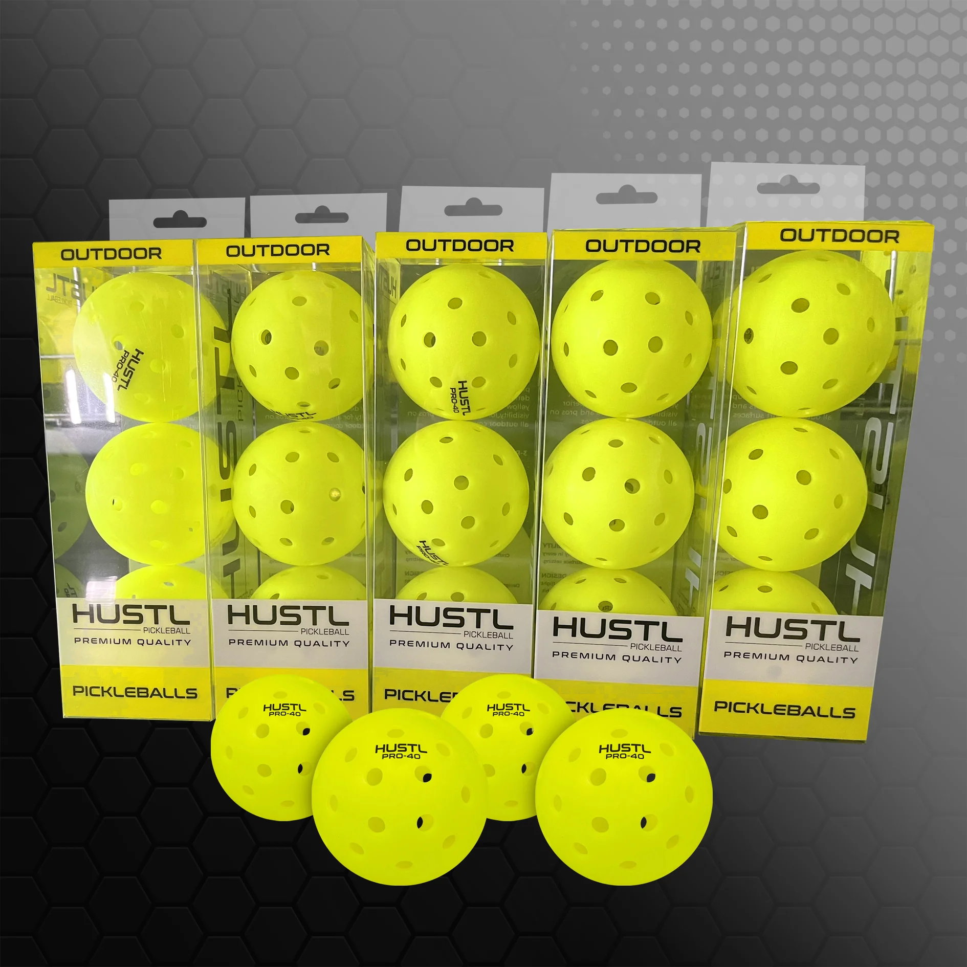 Yellow HUSTL PRO-40 outdoor pickleballs