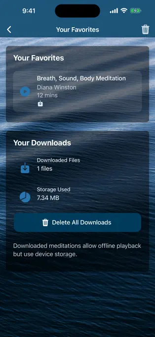 UCLA Mindful App Store preview showing saved and downloaded meditations