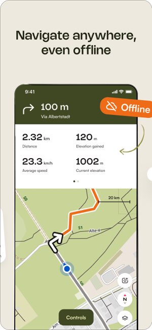 Official komoot screenshot showing a route map and offline navigation information