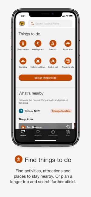 Official NSW National Parks screenshot showing activity categories and nearby places