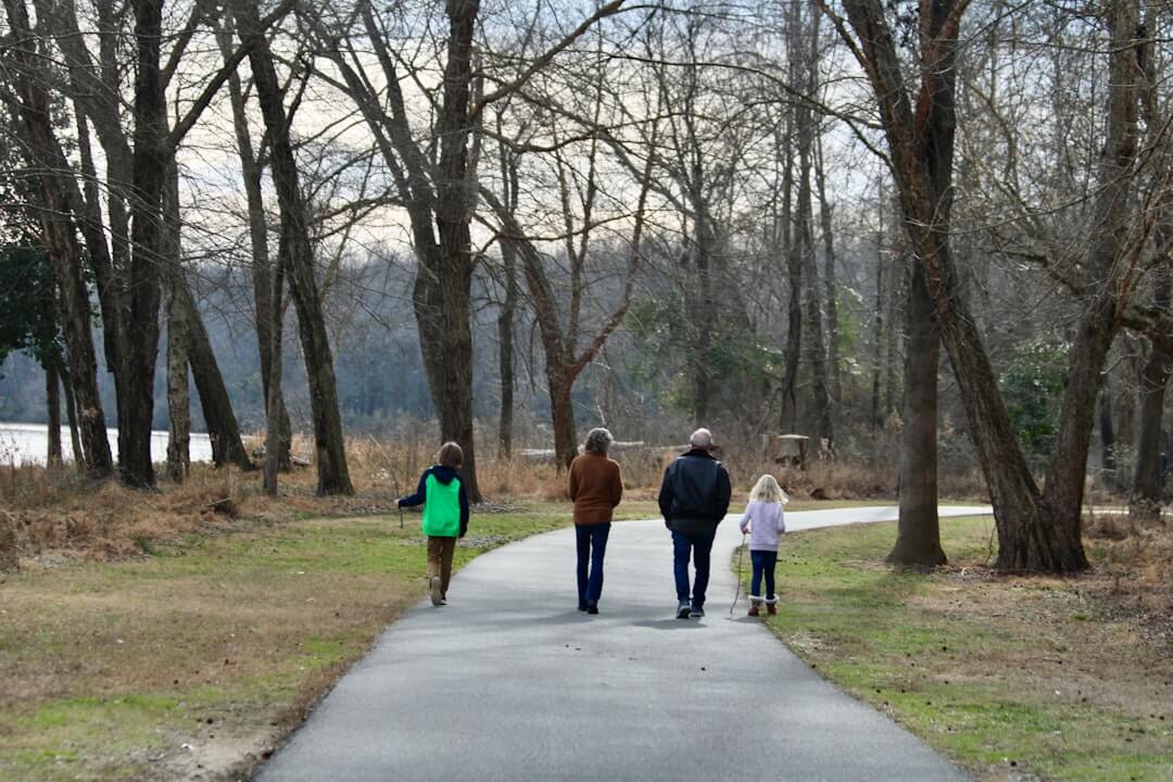 Four people walking away along a curved paved path through a wooded park