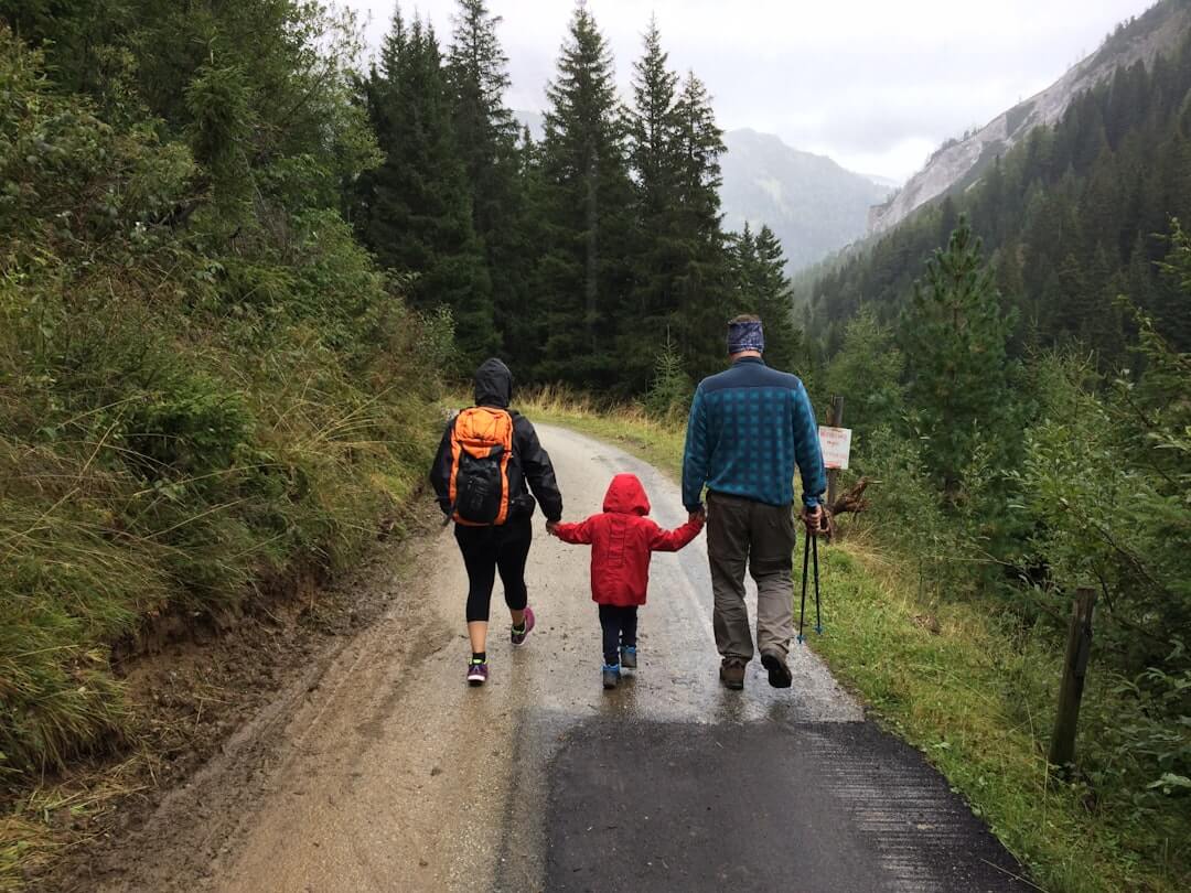 Two adults and a child walking on a mountain road beside conifer trees