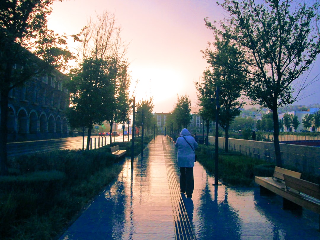A person walking alone on a quiet suburban footpath in soft morning light
