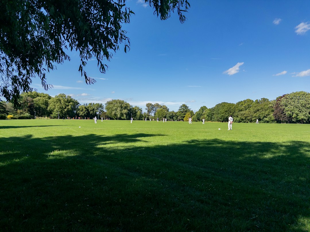 Cricketers spread across a large grassy field during an outdoor match