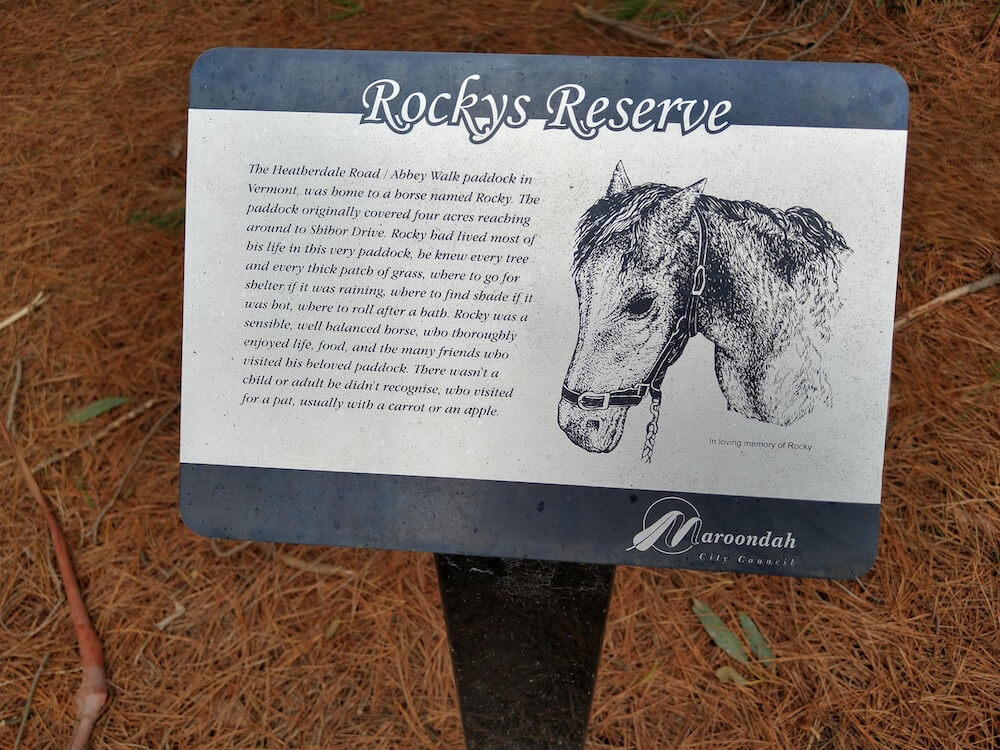 Interpretive sign at Rocky's Reserve in Vermont telling the story of a local horse named Rocky