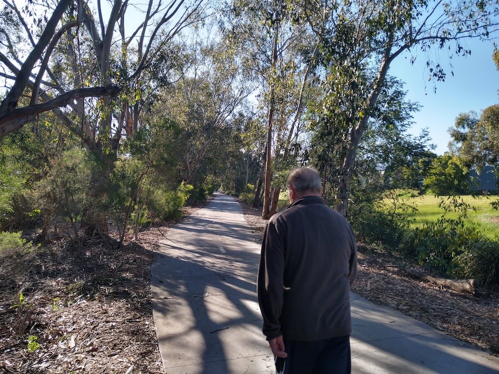 A walker following the paved Dandenong Creek Trail beside open parkland