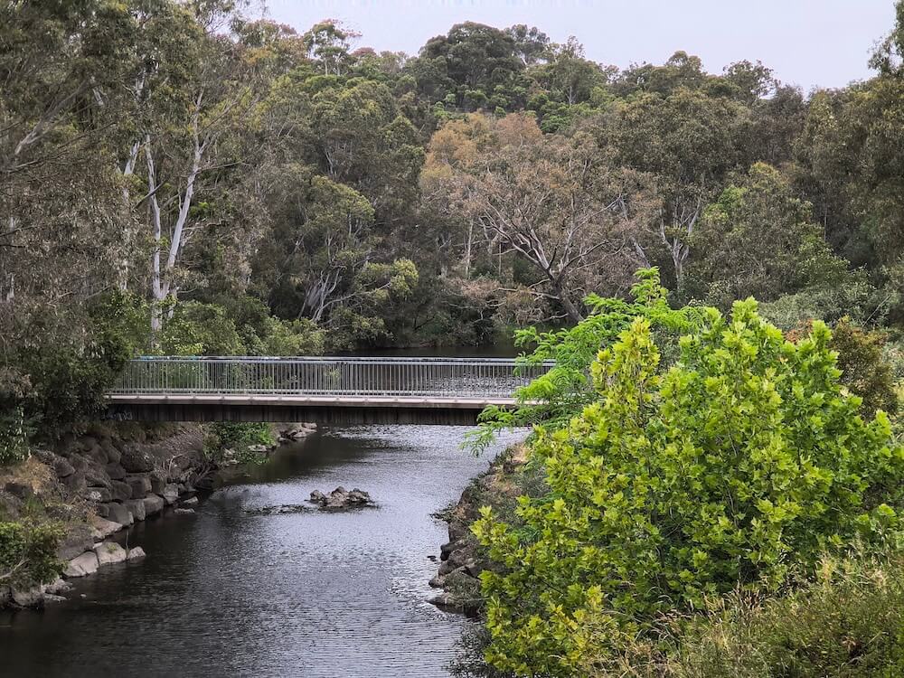 A shared-path bridge crossing Merri Creek near its meeting point with the Yarra River