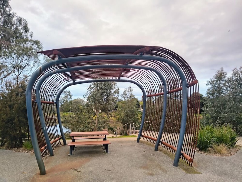 Shelter and benches overlooking Tarralla Creek Wetlands