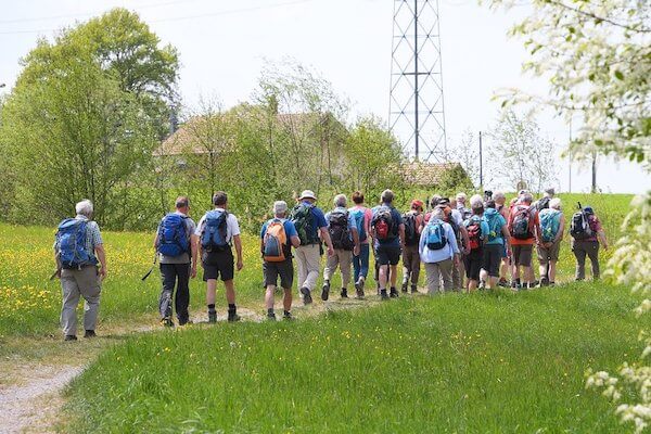 A group of older adults walking along a countryside path