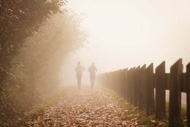 Two runners jogging together along a path at sunrise