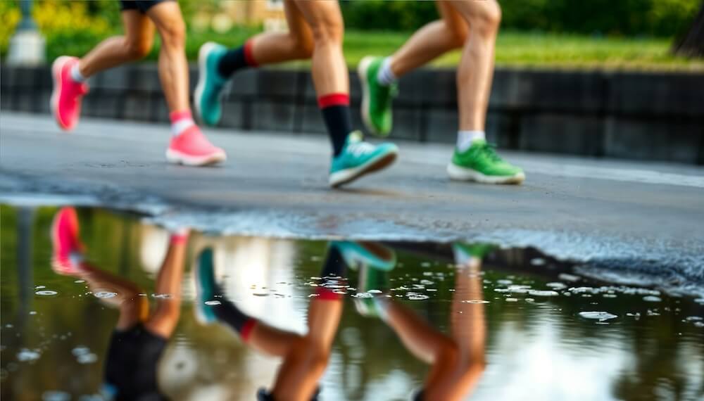 Runners passing a puddle on a wet path