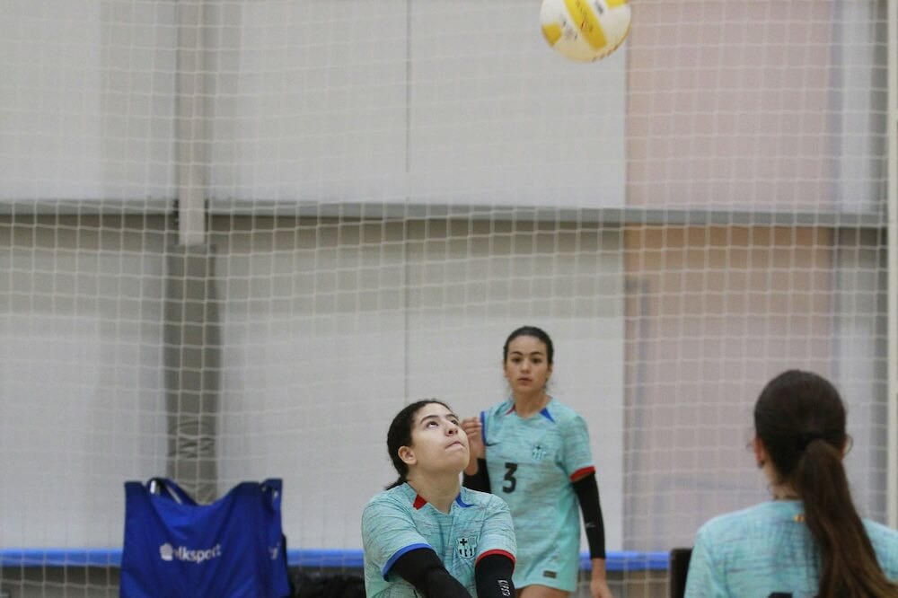 Volleyball players in team uniforms during a club match